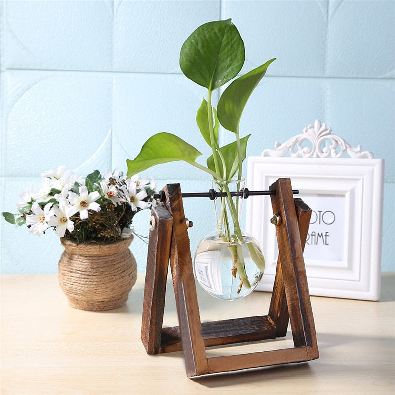 Desktop Glass and Wood Vase Planter