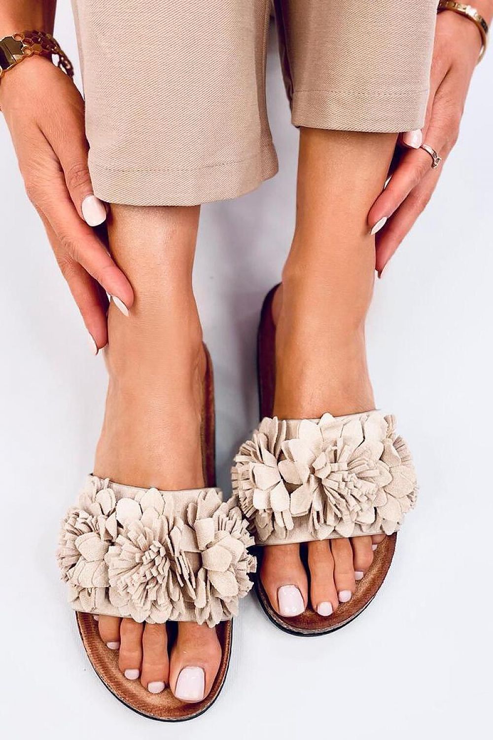 Floral Cork Bottom Slides(Beige)