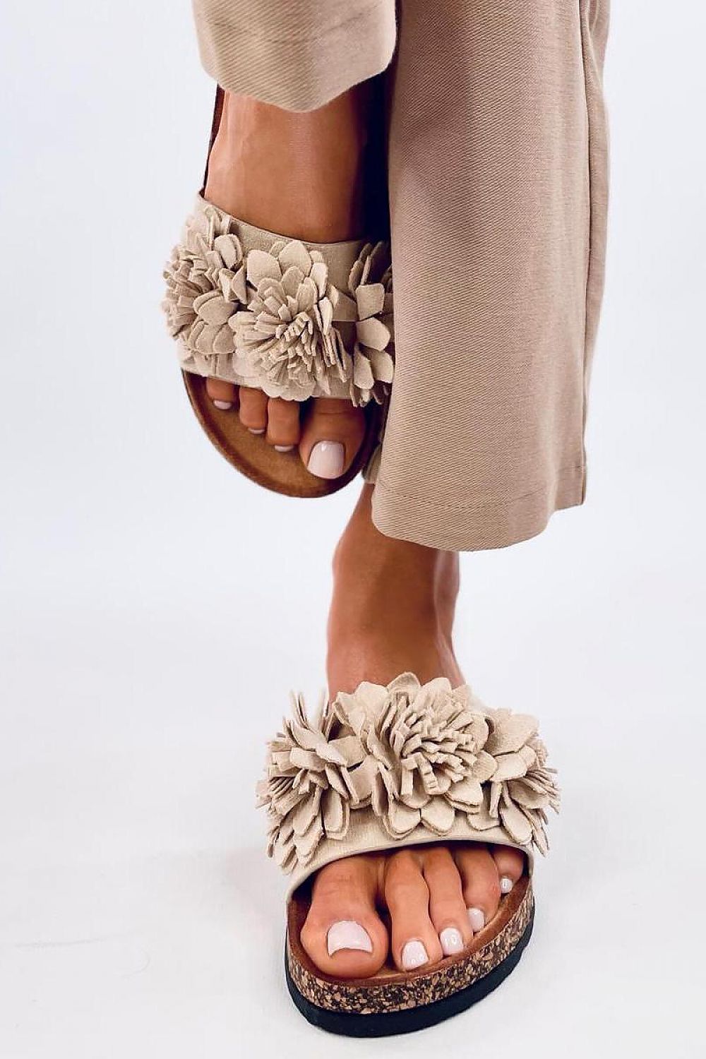 Floral Cork Bottom Slides(Beige)